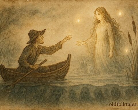 An illustration of fisherman and marsh spirit maiden in Belarusian болотo.