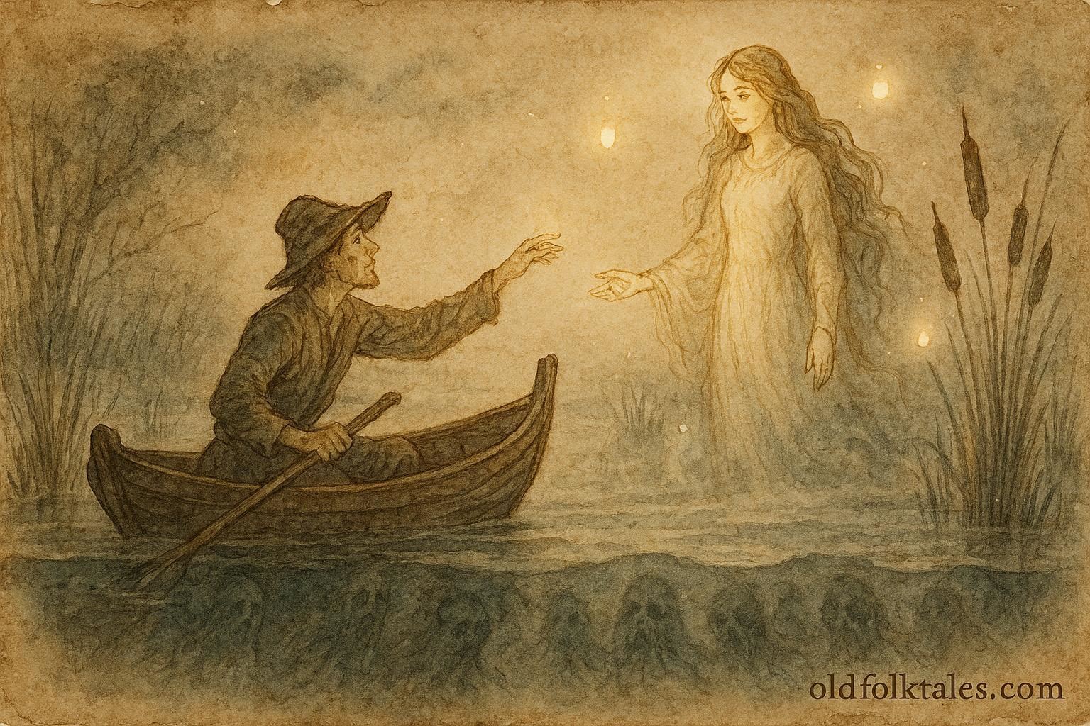 An illustration of fisherman and marsh spirit maiden in Belarusian болотo.