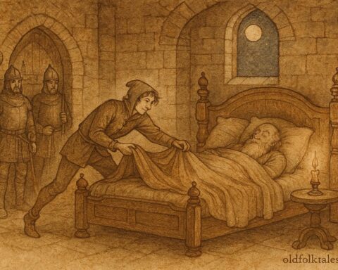 An illustration of clever thief stealing blankets from sleeping king in Norwegian folktale.