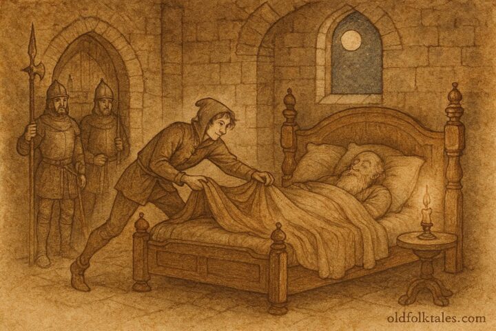 An illustration of clever thief stealing blankets from sleeping king in Norwegian folktale.