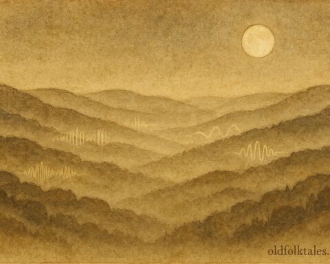 An artwork of misty Luxembourg valleys with unseen midnight choir, European folktale scene.