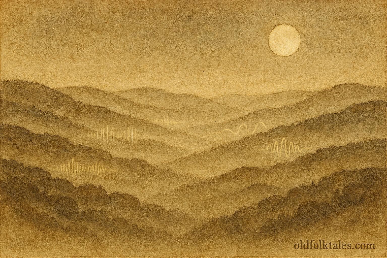 An artwork of misty Luxembourg valleys with unseen midnight choir, European folktale scene.