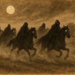 An illustration of ghostly riders galloping across Flanders fields at midnight, Flemish folklore scene.