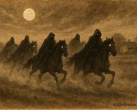 An illustration of ghostly riders galloping across Flanders fields at midnight, Flemish folklore scene.