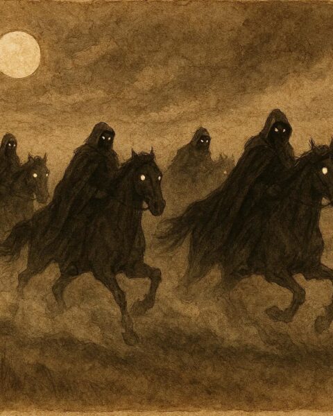 An illustration of ghostly riders galloping across Flanders fields at midnight, Flemish folklore scene.