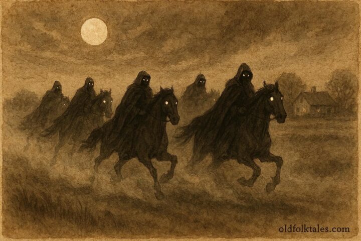 An illustration of ghostly riders galloping across Flanders fields at midnight, Flemish folklore scene.
