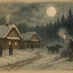 An illustration of wolves speaking near a snowy Belarusian village at night.