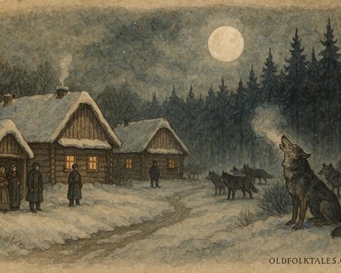 An illustration of wolves speaking near a snowy Belarusian village at night.