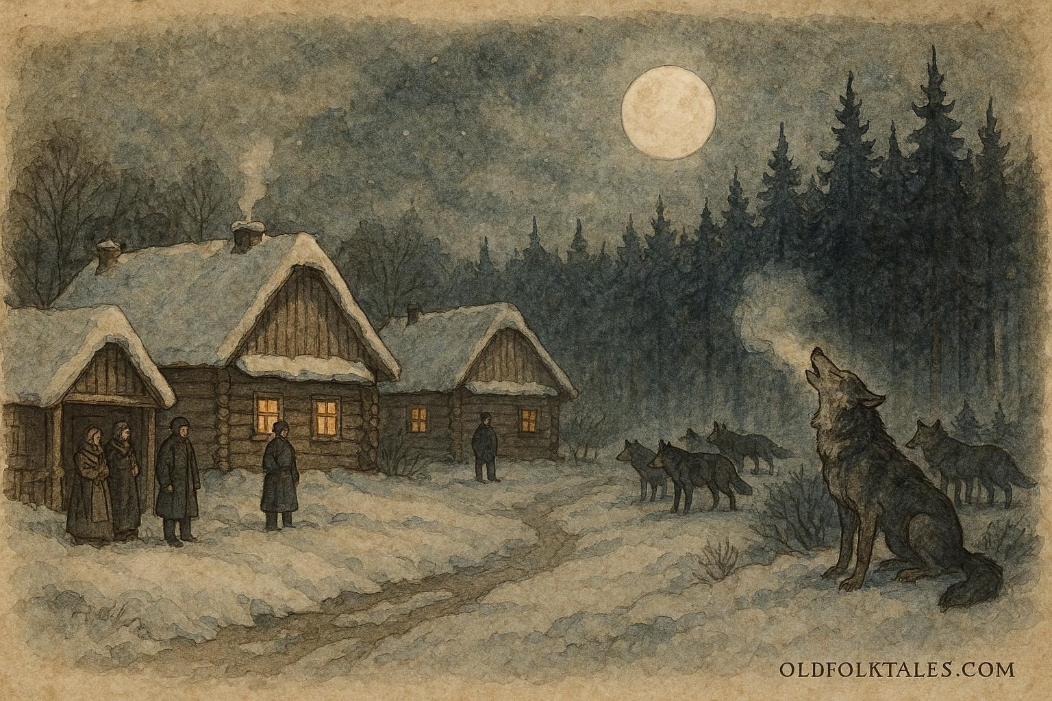 An illustration of wolves speaking near a snowy Belarusian village at night.