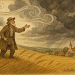An illustration of a Belarusian farmer speaking to a powerful wind spirit on a hill.