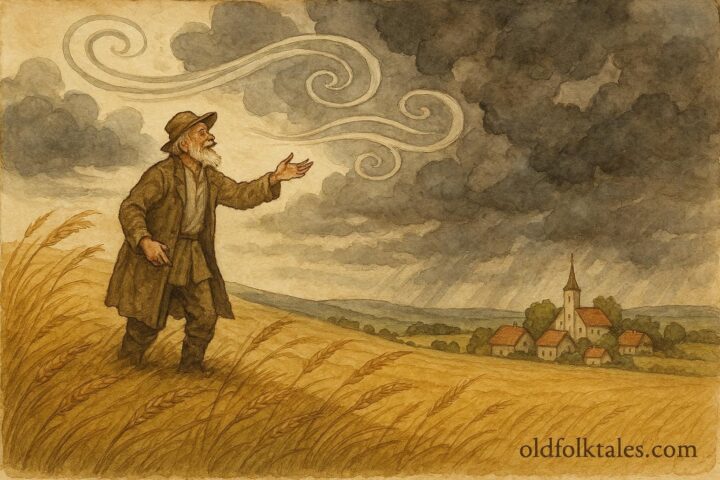 An illustration of a Belarusian farmer speaking to a powerful wind spirit on a hill.