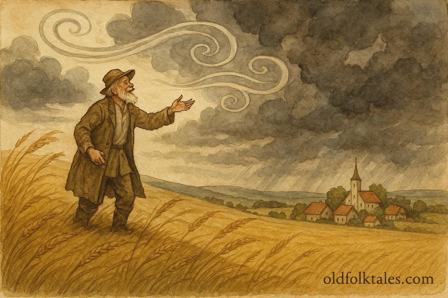 An illustration of a Belarusian farmer speaking to a powerful wind spirit on a hill.