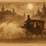 An illustration of ghostly carriage racing through Luxembourg City streets at midnight.