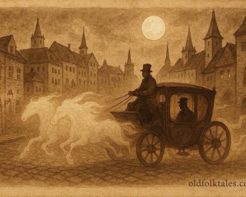 An illustration of ghostly carriage racing through Luxembourg City streets at midnight.