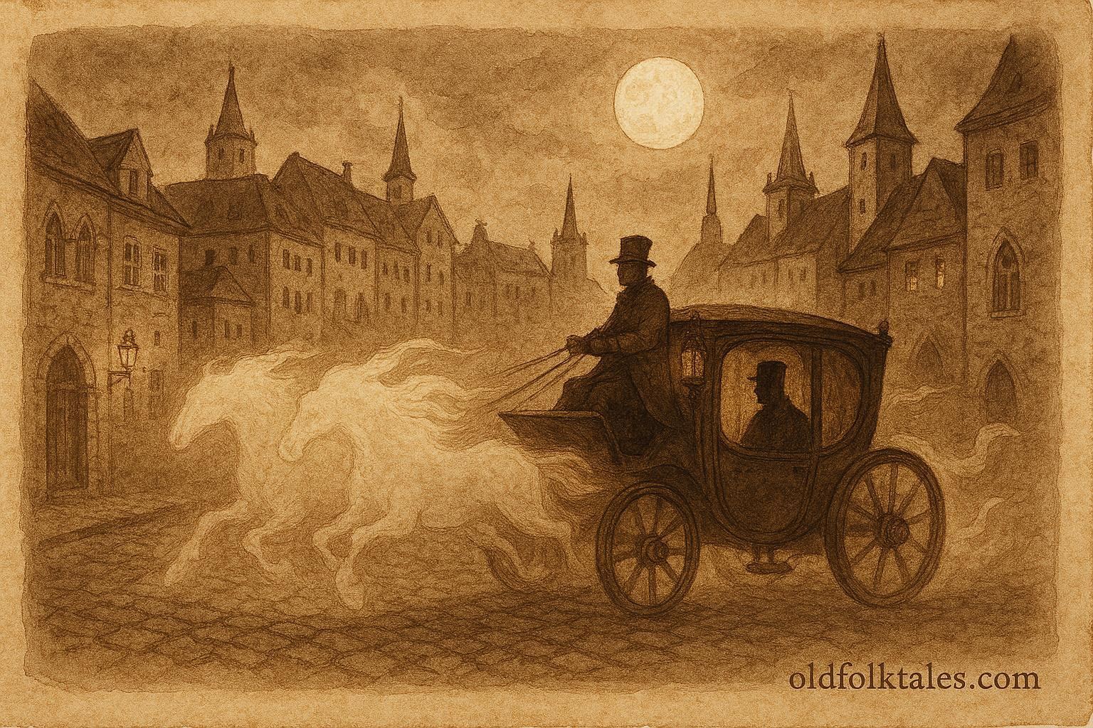An illustration of ghostly carriage racing through Luxembourg City streets at midnight.