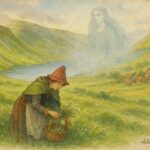 An illustration of Welsh healer gathering herbs near lake, folklore scene.