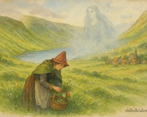 An illustration of Welsh healer gathering herbs near lake, folklore scene.
