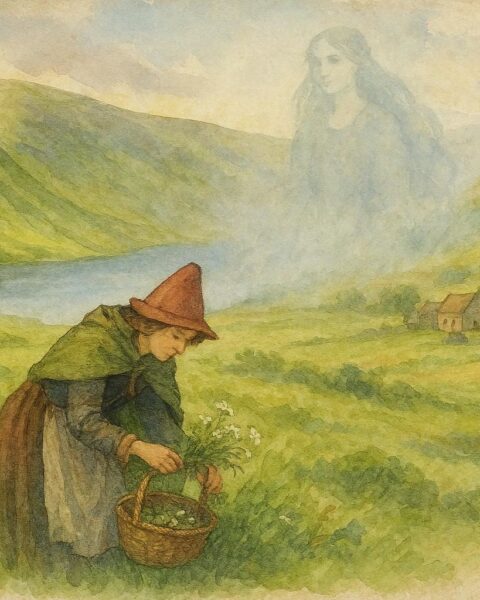 An illustration of Welsh healer gathering herbs near lake, folklore scene.