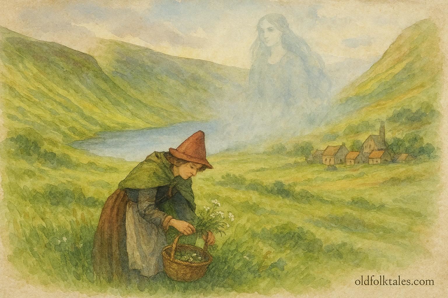 An illustration of Welsh healer gathering herbs near lake, folklore scene.