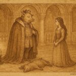 An artwork of Pig King revealing human form, Italian Renaissance folktale scene.