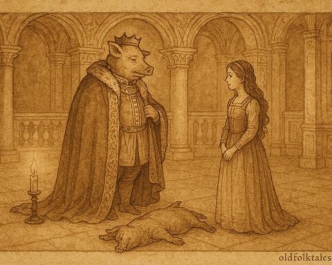 An artwork of Pig King revealing human form, Italian Renaissance folktale scene.