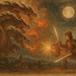 An artwork of prince fighting seven-headed dragon over village, Romanian folktale scene.