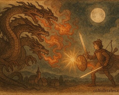 An artwork of prince fighting seven-headed dragon over village, Romanian folktale scene.