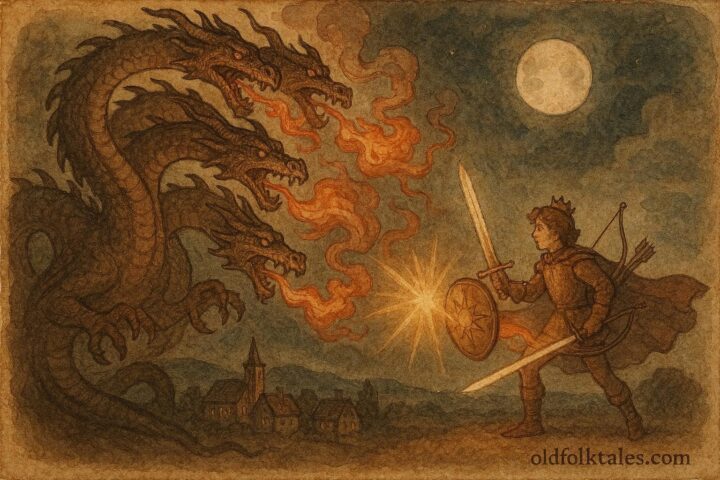An artwork of prince fighting seven-headed dragon over village, Romanian folktale scene.