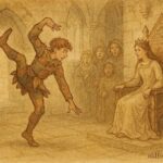 An artwork of young man amusing princess in Swedish castle, folktale scene.