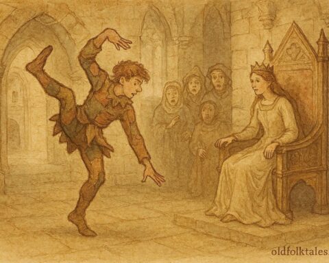 An artwork of young man amusing princess in Swedish castle, folktale scene.