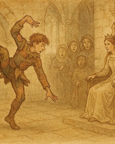 An artwork of young man amusing princess in Swedish castle, folktale scene.