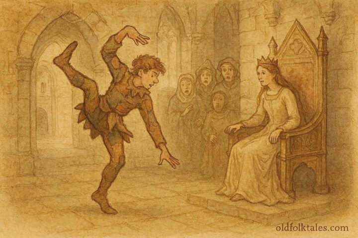 An artwork of young man amusing princess in Swedish castle, folktale scene.