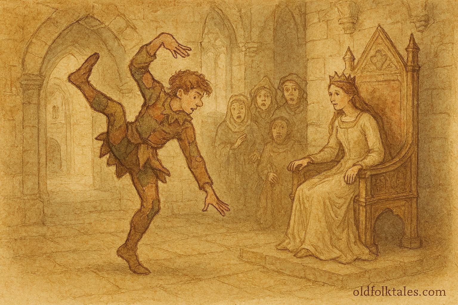 An artwork of young man amusing princess in Swedish castle, folktale scene.