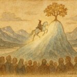 An artwork of rider climbing glass hill to golden apples, Norwegian folktale scene.
