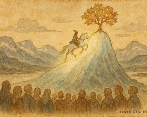 An artwork of rider climbing glass hill to golden apples, Norwegian folktale scene.