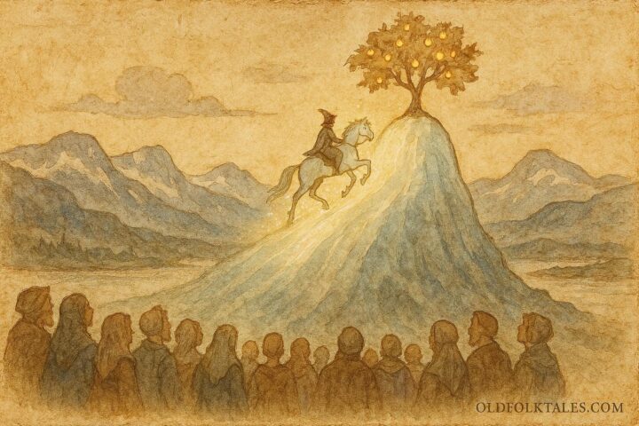 An artwork of rider climbing glass hill to golden apples, Norwegian folktale scene.