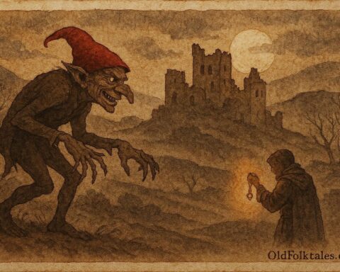 An illustration of Redcap goblin at Eddleston Castle with traveler using iron charm.