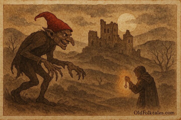 An illustration of Redcap goblin at Eddleston Castle with traveler using iron charm.