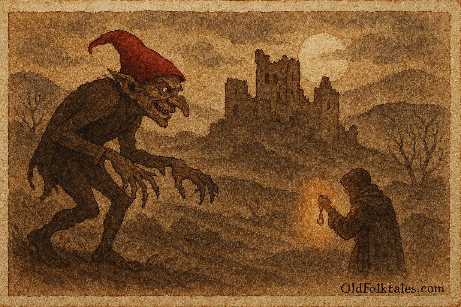 An illustration of Redcap goblin at Eddleston Castle with traveler using iron charm.