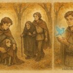 An artwork of Étienne aiding animals and humans in French forest, classic folktale scene.