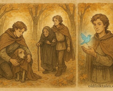 An artwork of Étienne aiding animals and humans in French forest, classic folktale scene.