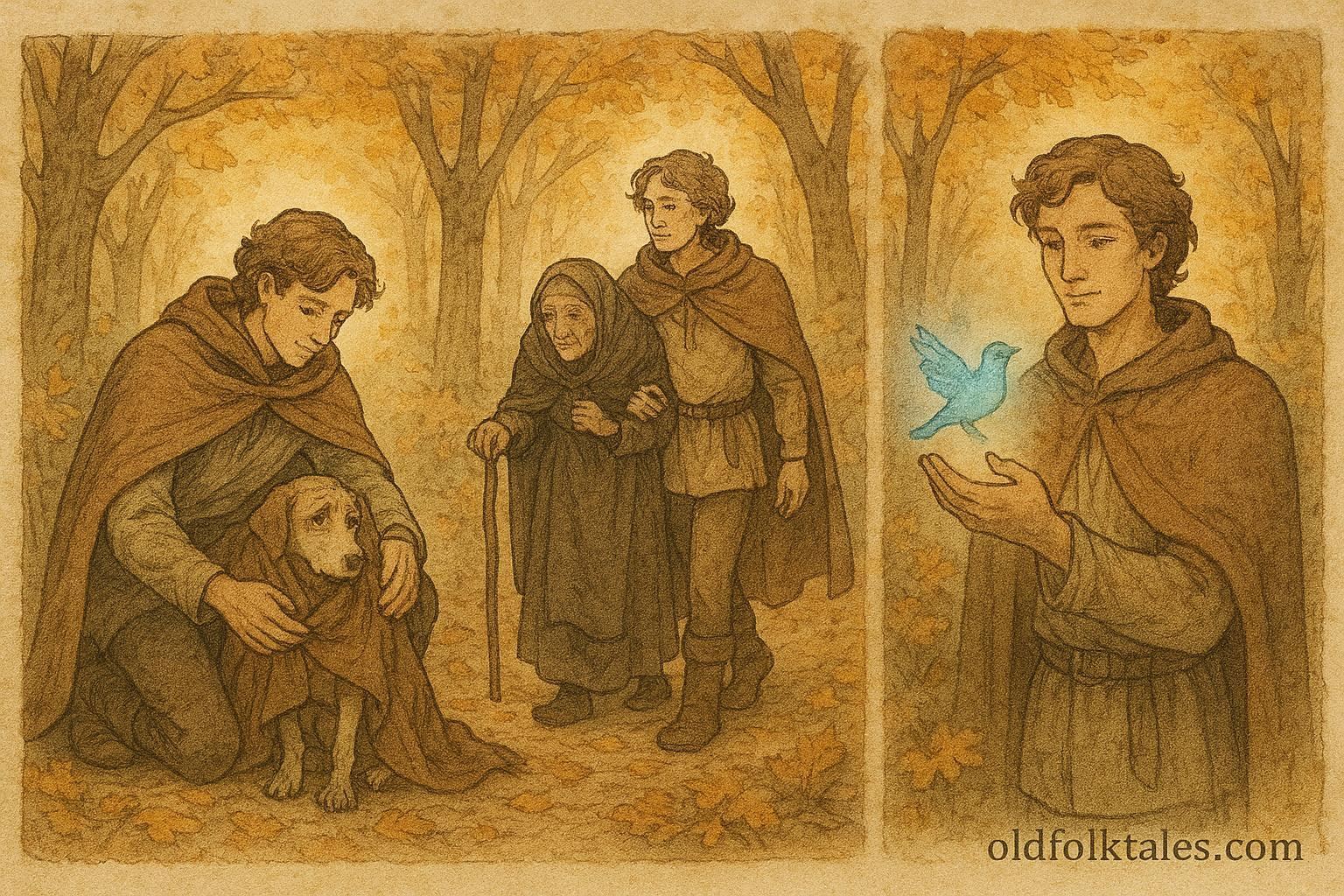 An artwork of Étienne aiding animals and humans in French forest, classic folktale scene.