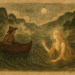 An illustration of a fisherman hearing the river maiden, Bosnian folklore scene on the Neretva River.
