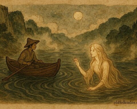 An illustration of a fisherman hearing the river maiden, Bosnian folklore scene on the Neretva River.