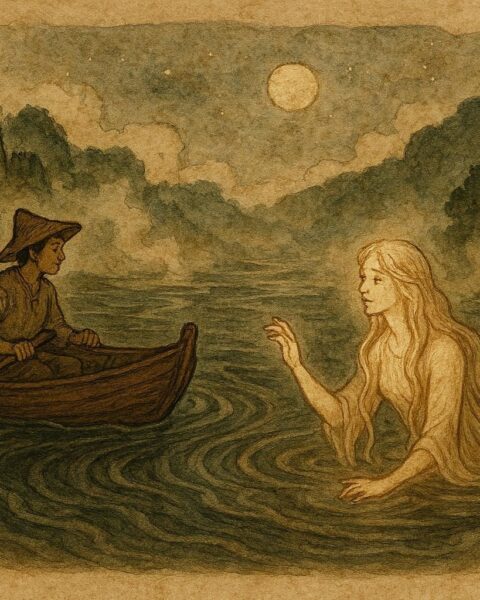 An illustration of a fisherman hearing the river maiden, Bosnian folklore scene on the Neretva River.