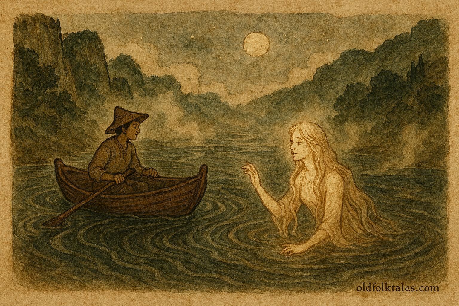 An illustration of a fisherman hearing the river maiden, Bosnian folklore scene on the Neretva River.