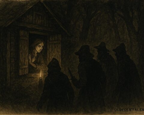 An artwork of woman hiding from robbers in forest house, German folktale scene.