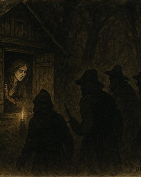 An artwork of woman hiding from robbers in forest house, German folktale scene.