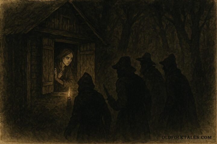 An artwork of woman hiding from robbers in forest house, German folktale scene.