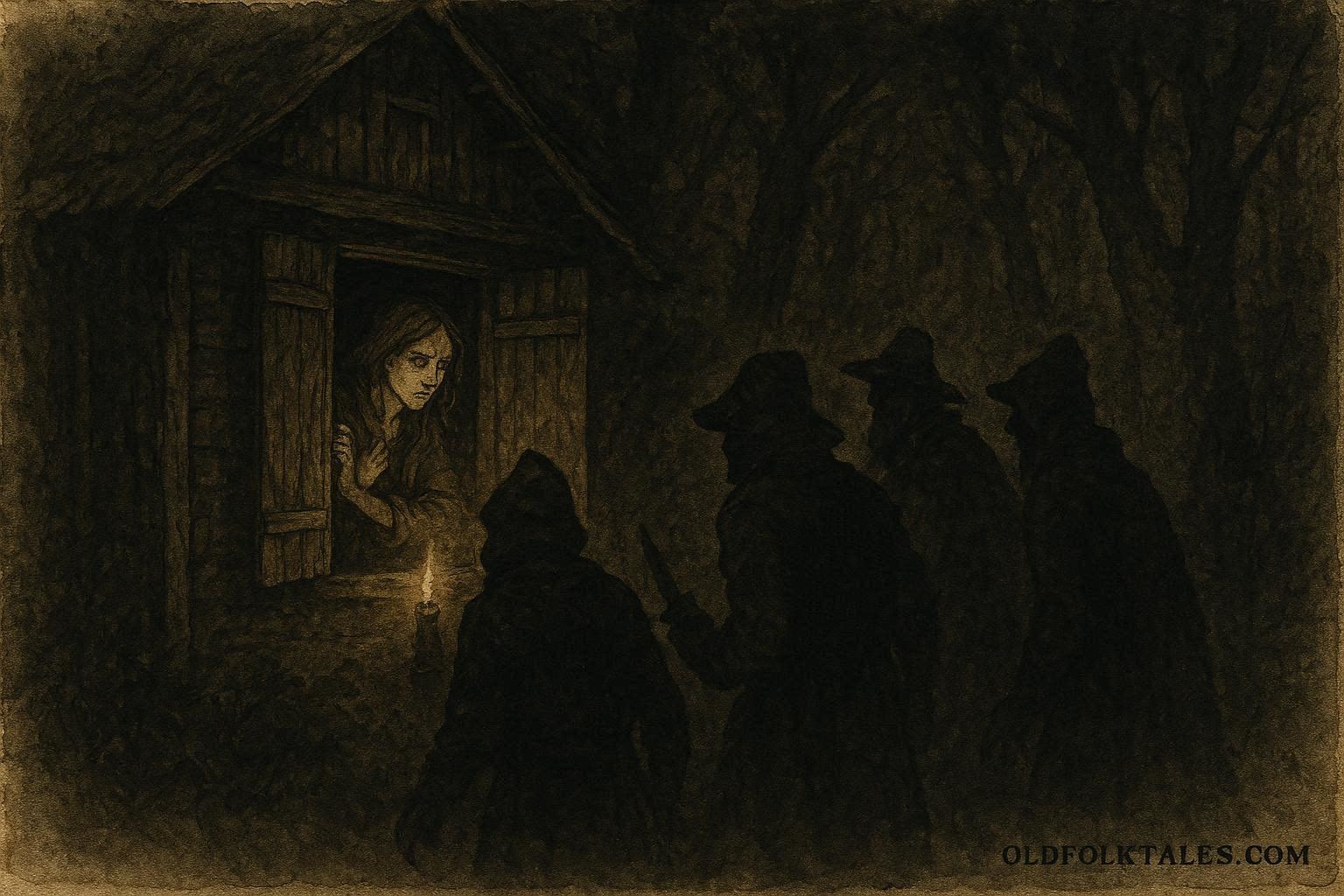 An artwork of woman hiding from robbers in forest house, German folktale scene.
